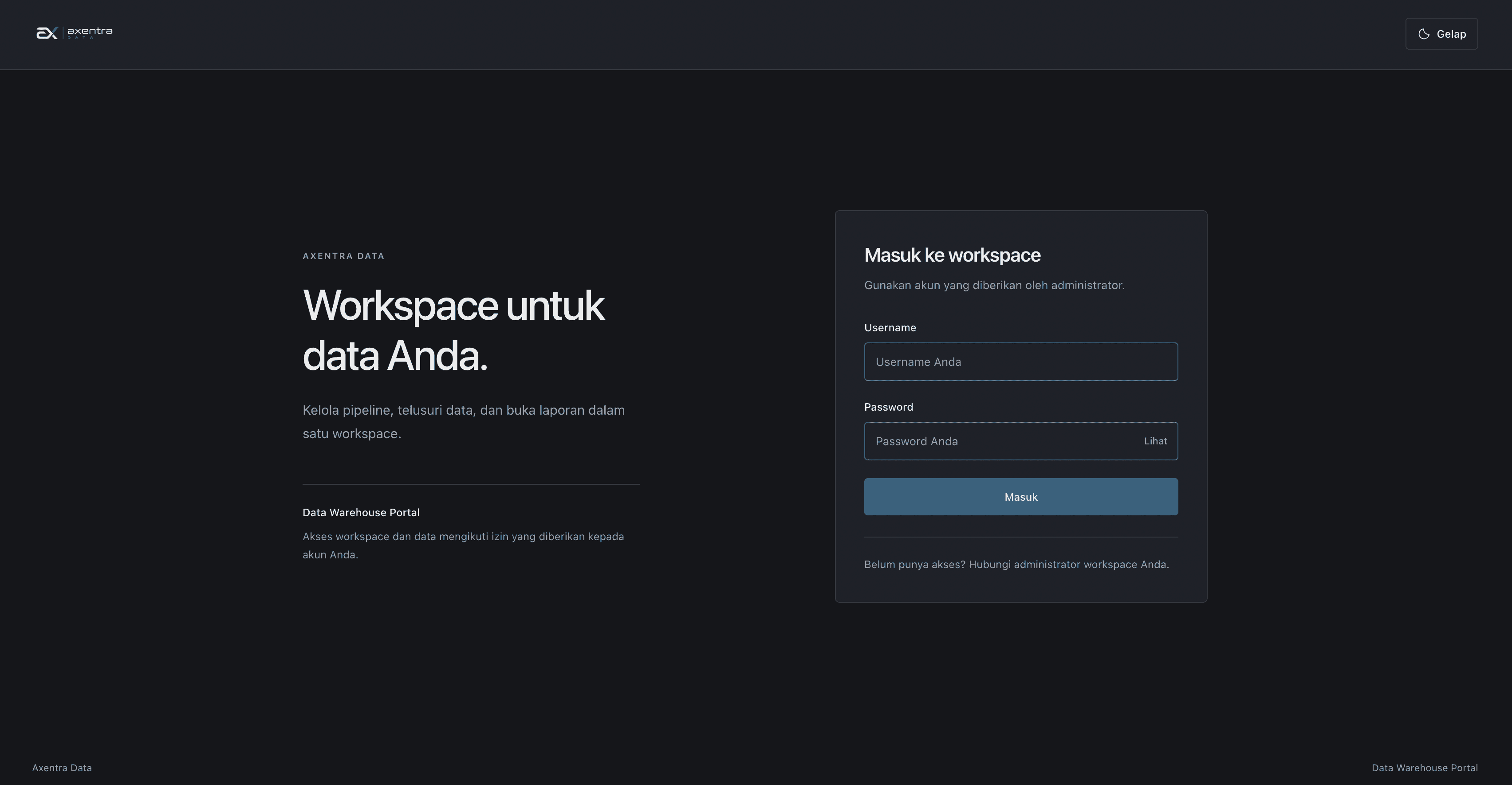 Axentra Data workspace login page in dark mode